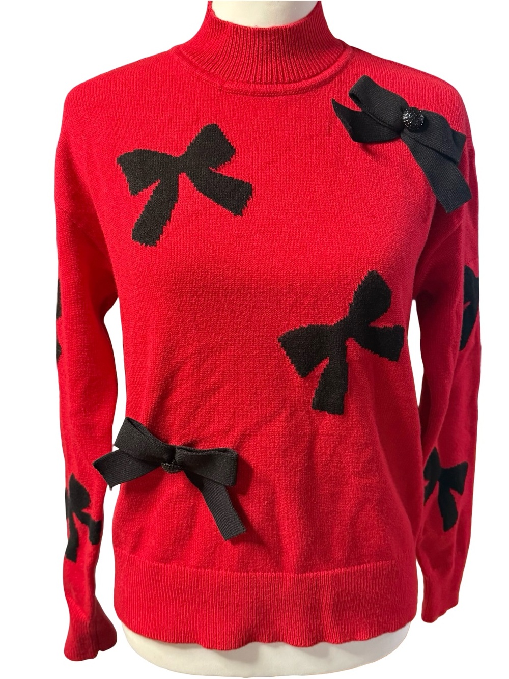 Karl Lagerfeld Paris Bow Applique Mock Neck Sweater Red Black Women’s Small